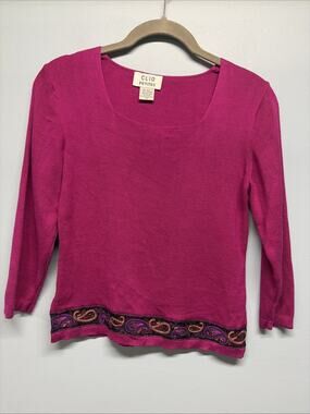 Clio Peties Small Fuchsia SILK Blend Embellished Hem - Women’s Sweater